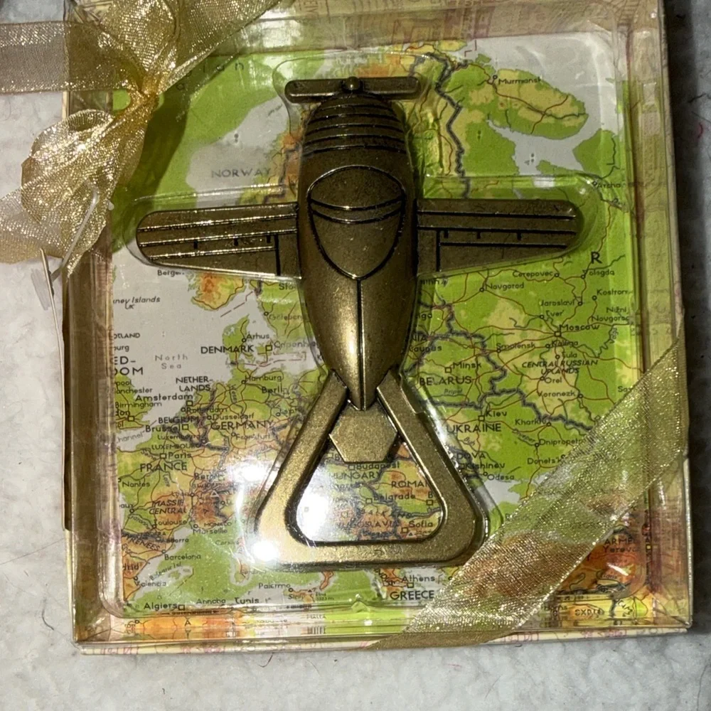 Gold Tone‎ Bottle Opener Gift Set Vintage Looking Airplane NEW in Box